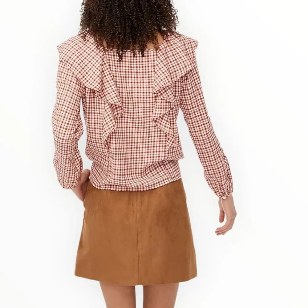 J CREW FACTORY | Dusty Ivory Brick Red | FLANNEL SQUARENECK RUFFLE TOP - Picture 4 of 11